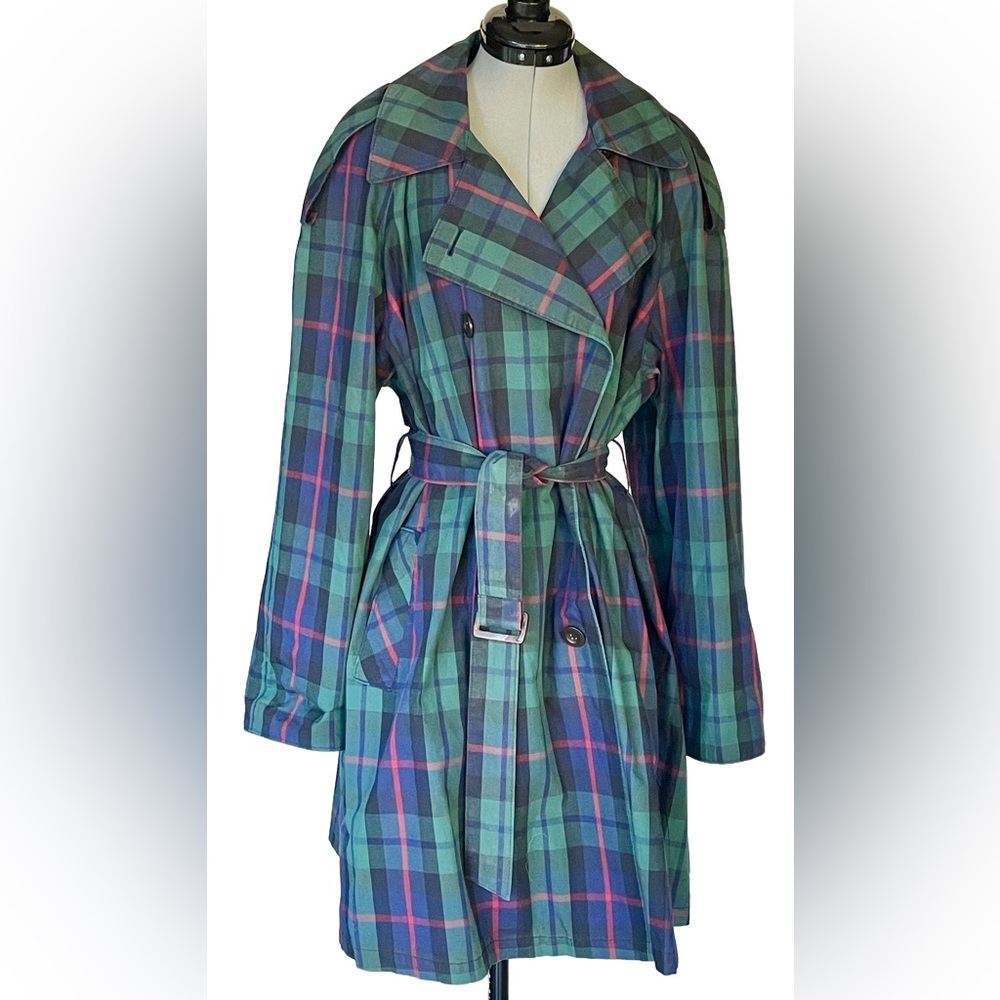 Vintage 80s? Plaid Belted Trench Coat, full shoulders, blue/green/red, sz12